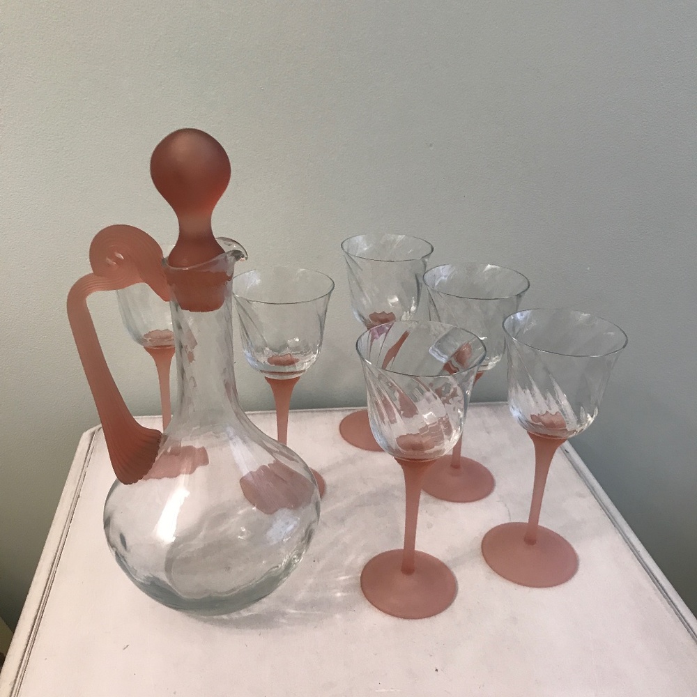 Vintage set frosted Pink Stem Wine glasses Optic Swirl pattens with Disp…